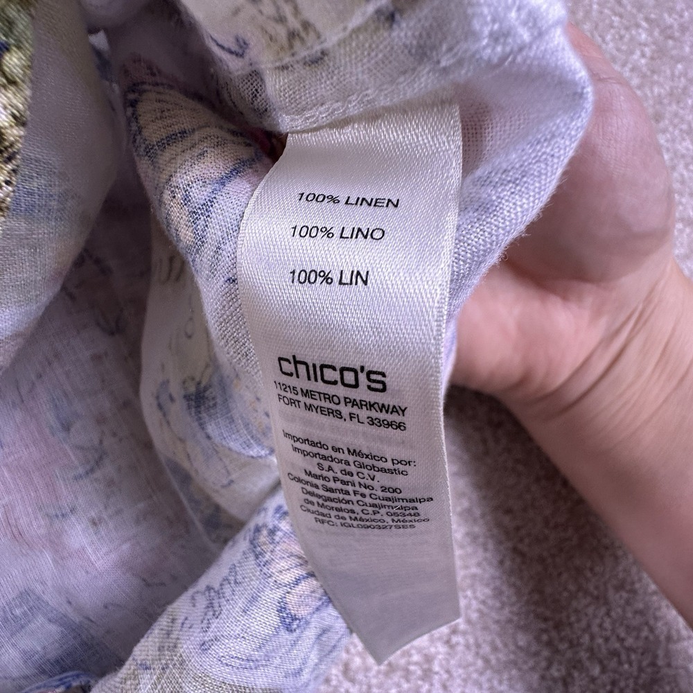 Chico's Linen Tunic Blouse Travel Stamp Pattern 100% Linen Button Size 0 - Picture 5 of 7
